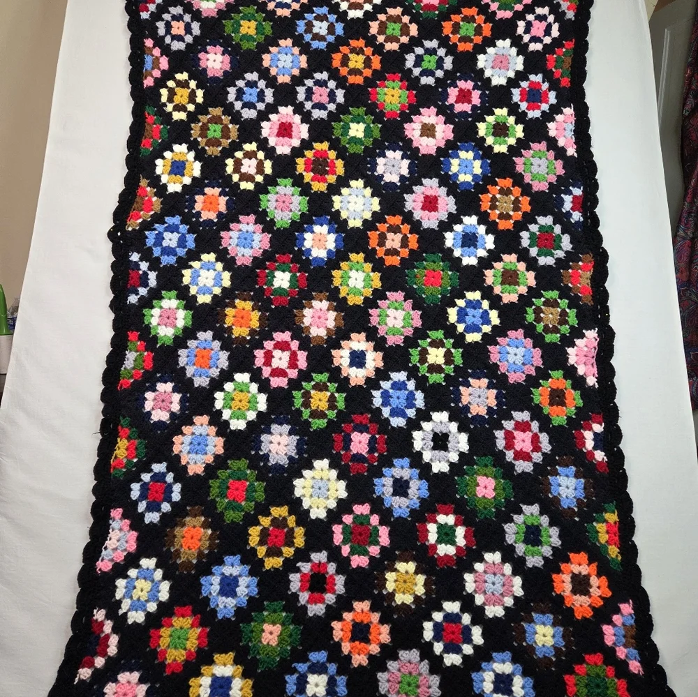 Handmade Crochet‎ Granny Square Blanket Afghan Black Multicolor Boho 41x68